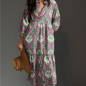Anthropologie Green and Pink Patterned Midi Dress